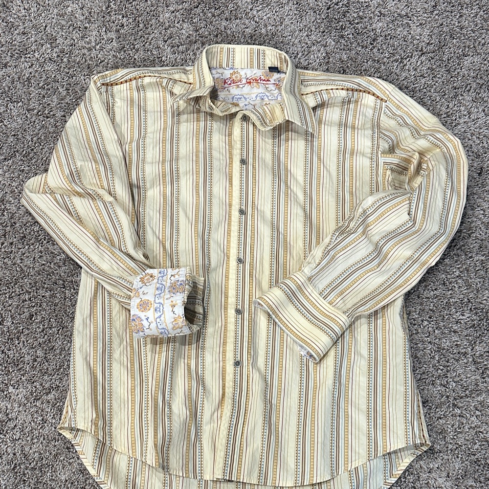 Robert Graham Beige and Brown Striped Men's Long Sleeve Button Up Dress Shirt XL
